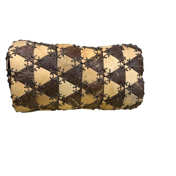 Vintage Handmade Tan & Brown Coconut Shell Barrel Hand Bag - Picture 5 of 12